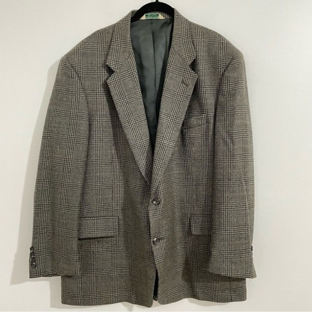 Evan Picone Brown Plaid Wool Blazer Sportcoat Size 44R Fall Academia Formal
